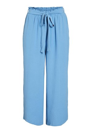 Svijetloplave široke hlače izrađene od naborane tkanine, s elastičnim pojasom i detaljem vezanja, koji osigurava opušteni kroj.