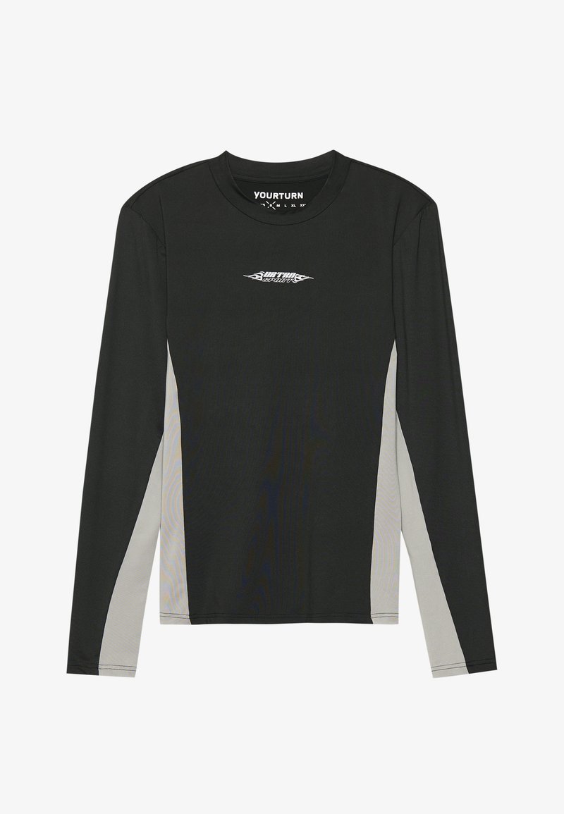 Camicia a maniche lunghe in nero e grigio, con un design aderente, texture liscia e un piccolo logo sul petto.