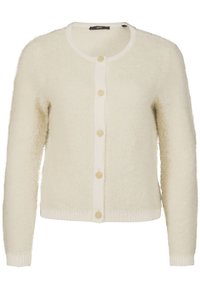 Flauschiger Creme-Cardigan mit Rundhalsausschnitt, kontrastierendem beigen Knopfleisten und geripptem Saum sowie Bündchen. Weiche Textur mit lässiger Passform.