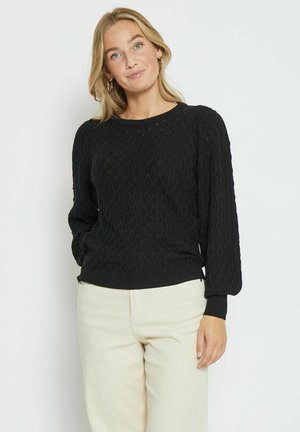 Black textured sweater with a diamond pattern, lightweight fabric, round neckline, and long, slightly puffed sleeves. Ribbed cuffs and hem.