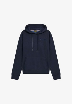 Felpa con cappuccio blu navy con tasca frontale, coulisse e logo tonale "GAS" ricamato sul petto. Tessuto morbido e strutturato.