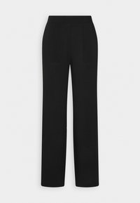 Pantalon noir à jambes droites avec une ceinture élastique, un devant plat et deux poches avant, présenté sur un fond blanc uni.