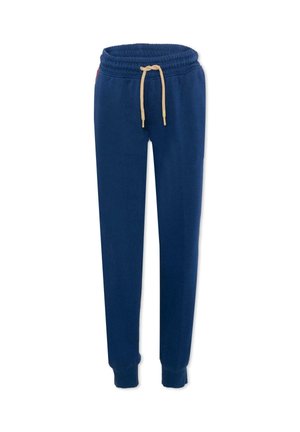 Pantalon de jogging bleu marine avec taille élastique, cordon beige et poignets côtelés.