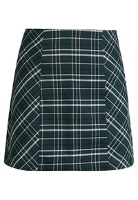 Jupe à carreaux verts avec des lignes blanches et foncées, coupe structurée, texture lisse, longueur courte et côtés angulaires.