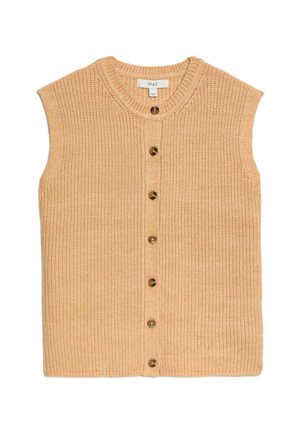 Chaleco sin mangas de punto color mostaza, con escote redondo, cierre frontal de botones y textura acanalada con seis botones marrones.