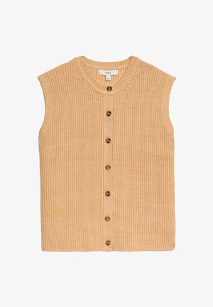 Cardigan sans manches tricoté de couleur moutarde, avec un col rond, une fermeture à boutons sur le devant, une texture côtelée et six boutons bruns.