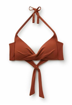 Bikiny top barvy rezavé s halterovou šňůrkou uvázanou na zádech a předním uzlem, zobrazený na bílém pozadí.