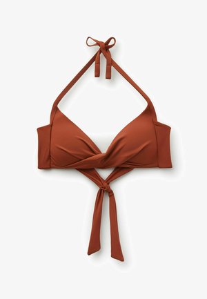 Top de bikini color óxido con tirantes tipo halter atados en la espalda y detalle de nudo frontal, mostrado sobre fondo blanco.