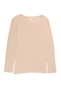 Jasnobeżowa bluzka z długim rękawem i okrągłym dekoltem. Wykonana z miękkiego, gładkiego materiału o regularnym kroju. Prosty design, bez wzorów czy akcentów.
