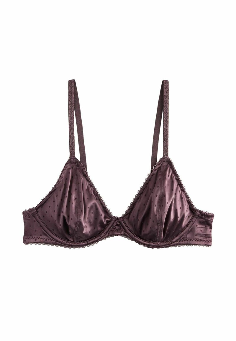 Lilla satin trekant-bh med prikker, justerbare stropper og blondekant langs kanterne. Blød tekstur og sømløst design.
