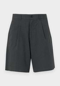Dark gray shorts with a grid pattern, featuring pleats, side pockets, and a button closure at the waistband. Smooth fabric texture.