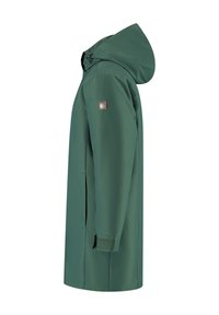Middellange donkergroene regenjas met een capuchon, verstelbare polsbanden en een klein logolabel op de bovenste mouw, zijaanzicht.