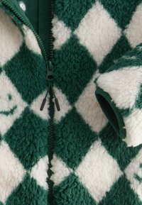 Groen en wit geruite fleece jas met een ritssluiting aan de voorkant, met een zachte textuur, ruitpatroon en groene ritsaccents.