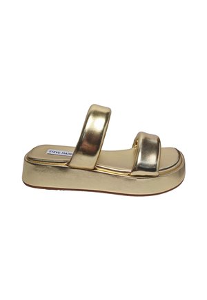 Goldene Plateau-Sandale mit zwei breiten Riemen und flacher Sohle, mit der Aufschrift "Steve Madden" auf der gepolsterten Fußsohle.