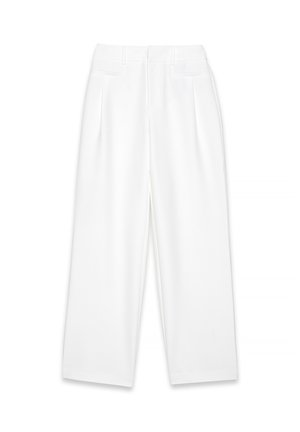 White high-waist wide-leg trousers with belt loops, front pleats, and side pockets, shown on a plain white background.