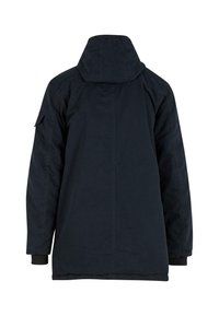 Navy hooded jacket featuring a zippered front, side pockets, and elastic cuffs; smooth texture with a structured, relaxed fit.