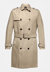 Trench-coat beige en tissu lisse, doté d'un devant croisé, de boutons en accent, d'une ceinture à la taille et de poignets réglables.