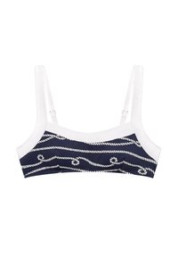 Top bikini blu navy e bianco con tessuto testurizzato, caratterizzato da motivi a corda bianchi e spalline sottili. Il design è semplice e strutturato.