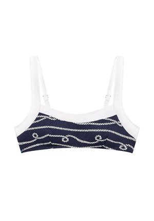 Top de bikini azul marino y blanco con una tela texturizada, que presenta patrones de cuerdas blancas y tirantes delgados. El diseño es simple y estructurado.