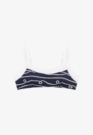 Top bikini blu navy e bianco con tessuto testurizzato, caratterizzato da motivi a corda bianchi e spalline sottili. Il design è semplice e strutturato.