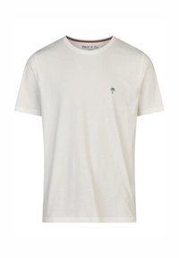 Camiseta de algodón blanca con cuello redondo, mangas cortas y un pequeño bordado de una palmera verde en el lado izquierdo del pecho. Textura suave.