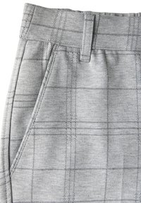 Grijze geruite broek met een gestructureerde stof, rechte snit, tailleband met riemlussen en zijzakken met contrasterende stiksels.