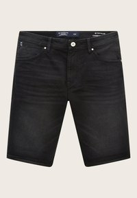 Shorts en denim noir avec une coupe droite, cinq poches, couture visible et fermeture par bouton sur le haut. La texture du tissu semble lisse et durable.