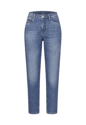 High-waist blue denim jeans with front button and zipper, five pockets, and a tapered leg design.