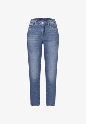 High-waist blue denim jeans with front button and zipper, five pockets, and a tapered leg design.