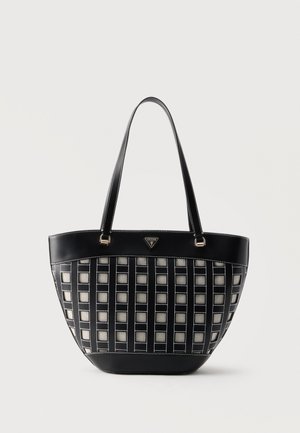 Mustvalge ruuduline kandekott pikkade mustade käepidemetega ja väike kolmnurkne Guessi logo keskel lähedal ülemisele servale.