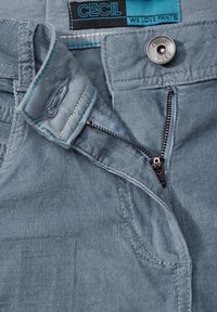 Ljusgrå byxor har en dragkedja med svart zip, texturerad tyg och kontrasterande blå sömmar. Etiketten säger "CECIL WE LOVE PANTS."