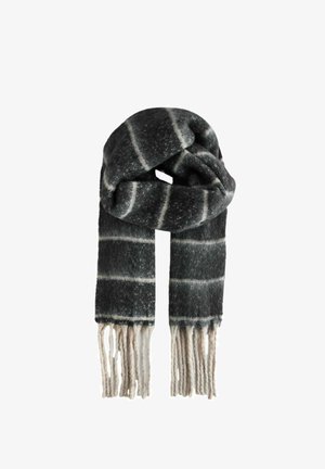 Sötét szürke gyapjú sál világosszürke csíkokkal, puha tapintással és rojtos szélekkel a klasszikus megjelenés érdekében.