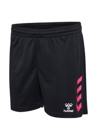 Svarta sportshorts i mjukt tyg, med ett rosa chevronmönster på sidan och en vit logotyp vid fållen. Resårmidja.