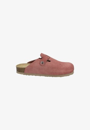 Pink corduroy clogs with a round toe, a fabric strap, and a textured upper. Cork footbed with a rubber sole for traction.