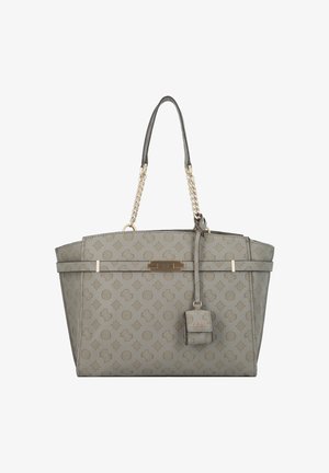 Grey Guess tote bag with patterned logo print, gold-tone chain handles, and a small matching pouch hanging from one strap.