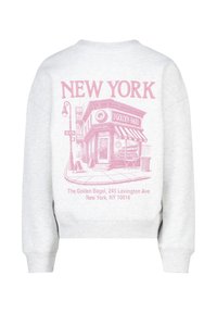 Harmaa huppari, jossa on vaaleanpunainen grafiikka "The Golden Bagel" -liikkeestä ja teksti "NEW YORK" selkäpuolella. Pyöreä kaula-aukko ja joustavat hihansuut.