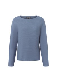 Maglione a maniche lunghe di colore blu chiaro, con scollatura rotonda e una texture sottile. Presenta una vestibilità comoda e non ha decorazioni o motivi visibili.
