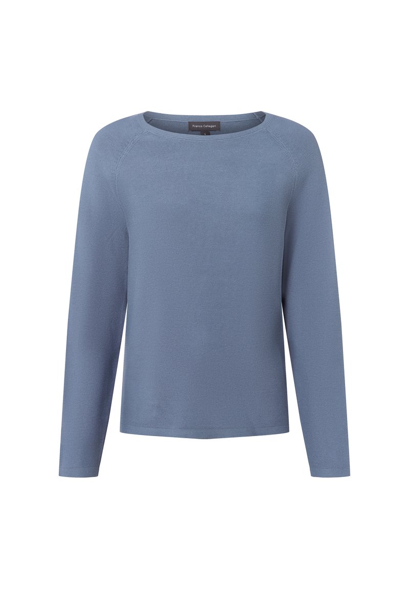 Maglione a maniche lunghe di colore blu chiaro, con scollatura rotonda e una texture sottile. Presenta una vestibilità comoda e non ha decorazioni o motivi visibili.