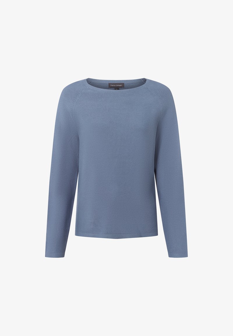 Jasnoniebieski, długi rękaw, dziane top z okrągłym dekoltem i subtelną teksturą. Posiada luźny fason i brak widocznych ozdób lub wzorów.