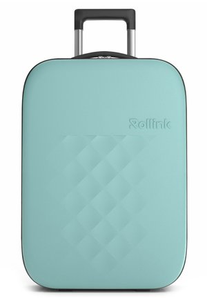 Valigia rigida di colore turchese chiaro con un motivo a diamante testurizzato, dettagli neri, manico telescopico e logo del marchio impresso sul davanti.