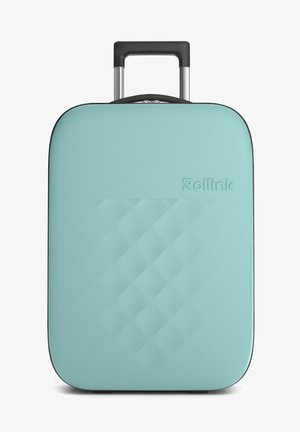 Valigia rigida di colore turchese chiaro con un motivo a diamante testurizzato, dettagli neri, manico telescopico e logo del marchio impresso sul davanti.