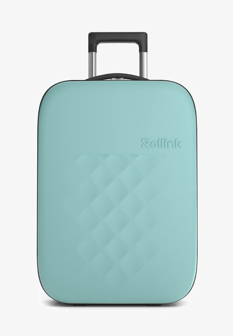 Valise rigide de couleur turquoise clair avec un motif en diamant texturé, des accents noirs, une poignée télescopique et un logo de marque embossé à l'avant.