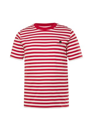T-shirt à manches courtes rayé rouge et blanc en tissu coton, avec un col rond et un petit logo noir sur la poitrine.