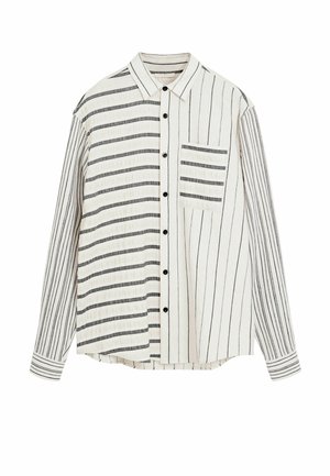 Black and white striped shirt with a button-up design, single chest pocket, and long sleeves. Made from lightweight fabric with varied patterns.