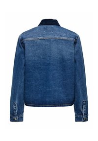 Veste en denim bleu avec des manches longues, des poignets boutonnés et un col foncé, vue de dos sur un fond blanc.