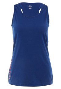 Marineblauwe tanktop met een zachte, lichte stof, mouwloze ontwerp en een roze "CALVIN KLEIN" logo aan de linkerkant.