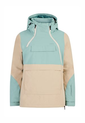 Lightweight jacket in teal and beige, featuring a hood, front pocket, and zip accents. Smooth texture with a functional, sporty design.