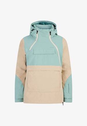 Lichte jas in teal en beige, voorzien van een capuchon, een voorzak en zipaccenten. Gladde textuur met een functioneel, sportief ontwerp.