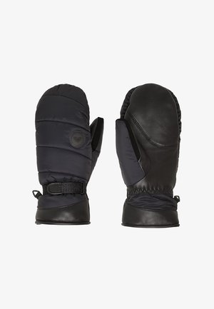 Black insulated mittens featuring a quilted nylon upper and leather palm, with a cuff strap for secure fit.