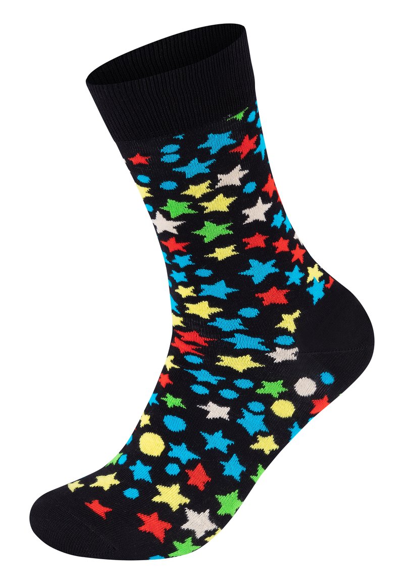 Calze nere con un motivo colorato di stelle e punti in rosso, blu, giallo, verde e bianco, realizzate in un materiale morbido ed elastico.